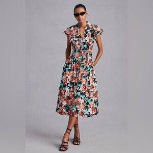 Maeve Flutter-Sleeve Midi Shirt Dress, Size XS